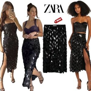 Zara Sequin Appliqué high waisted party Midi Skirt Black Sz XS NWT blogger fave